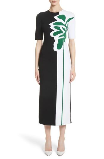Women's Oscar De La Renta Intarsia Leaf Print Dress - Black