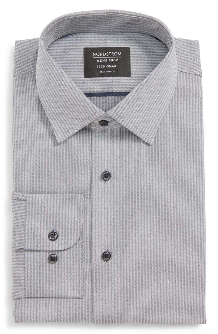 Men's Nordstrom Men's Shop Tech-smart Traditional Fit Stretch Stripe Dress Shirt .5 - 32/33 - Blue