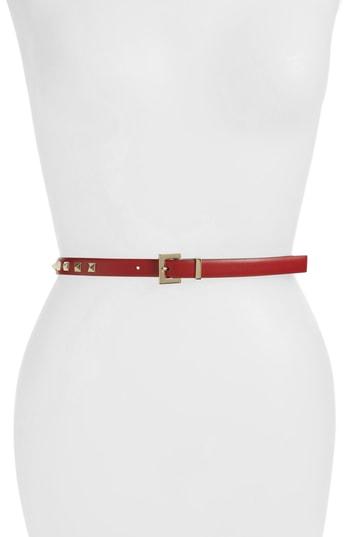 Women's Valentino Garavani Rockstud Skinny Calfskin Leather Belt 0 - Rosso V