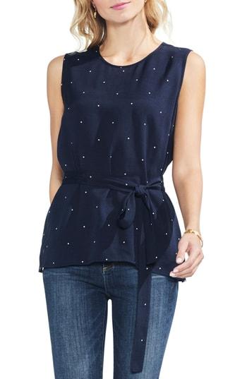 Women's Vince Camuto Soho Pin Dot Tie Belt Sleeveless Blouse - Blue
