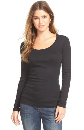 Petite Women's Caslon 'melody' Long Sleeve Scoop Neck Tee, Size P - Black