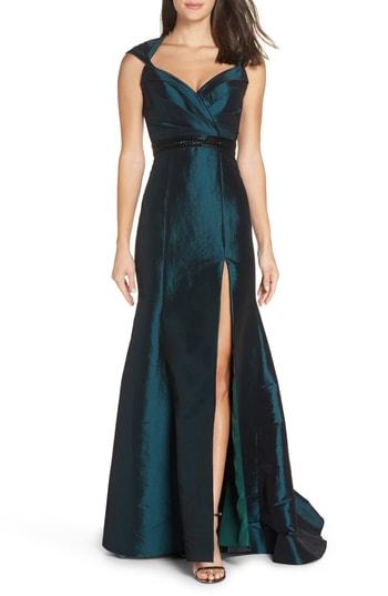 Women's Mac Duggal Side Slit Taffeta Trumpet Gown - Green