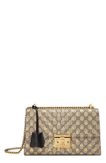 Gucci Medium Padlock Gg Supreme Bee Shoulder Bag - Beige