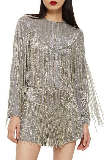 Women's Topshop Jazz Beaded Fringing Jacket Us (fits Like 0) - Metallic
