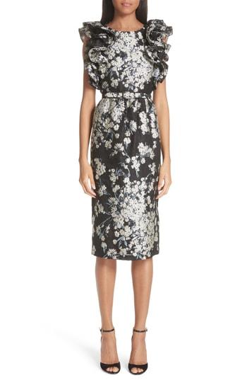 Women's Co Ruffle Trim Metallic Brocade Sheath Dress - Black