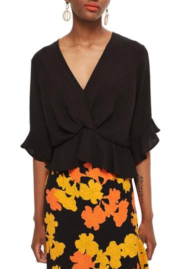 Women's Topshop Twist Peplum Hem Top Us (fits Like 0) - Black