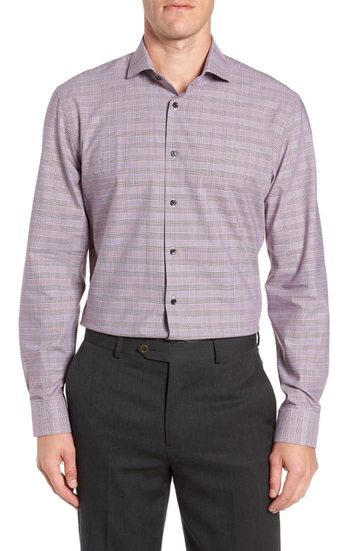 Men's Nordstrom Men's Shop Tech-smart Trim Fit Stretch Plaid Dress Shirt 34/35 - Burgundy