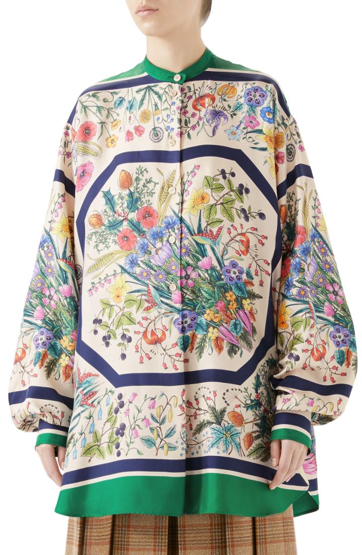 Women's Gucci Floral Print Silk Blouse Us / 46 It - Green