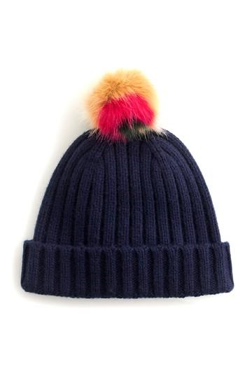 Women's J.crew Stripe Faux Fur Pompom Beanie - Blue