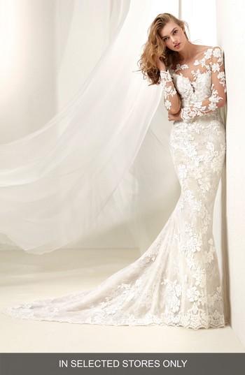 Women's Pronovias Drafne Illusion Bodice Lace Mermaid Gown, Size In Store Only - Ivory