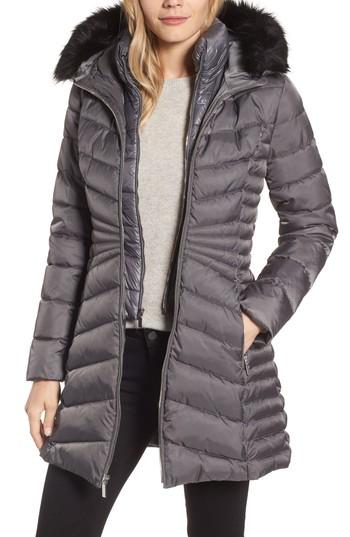Women's Laundry By Shelli Segal Faux Fur Trim Puffer Coat - Grey