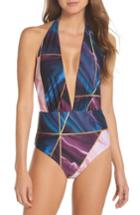 Women's Ted Baker London Balmoral Marble Reversible One-piece Swimsuit - Blue