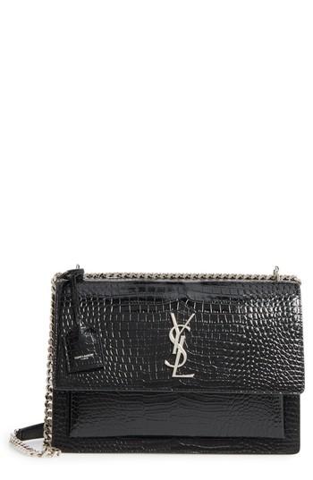 Saint Laurent Large Sunset Croc Embossed Leather Shoulder Bag -