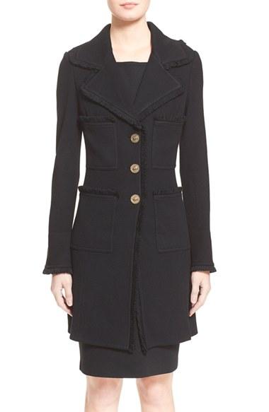 Women's St. John Collection Fringe Trim Milano Pique Knit Coat - Black