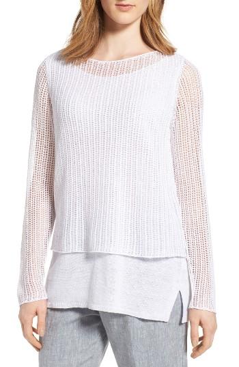 Women's Eileen Fisher Linen Open Knit Ballet Neck Top - White