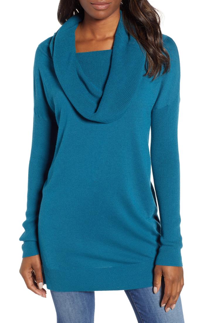 Women's Caslon Side Slit Convertible Cowl Neck Tunic - Blue