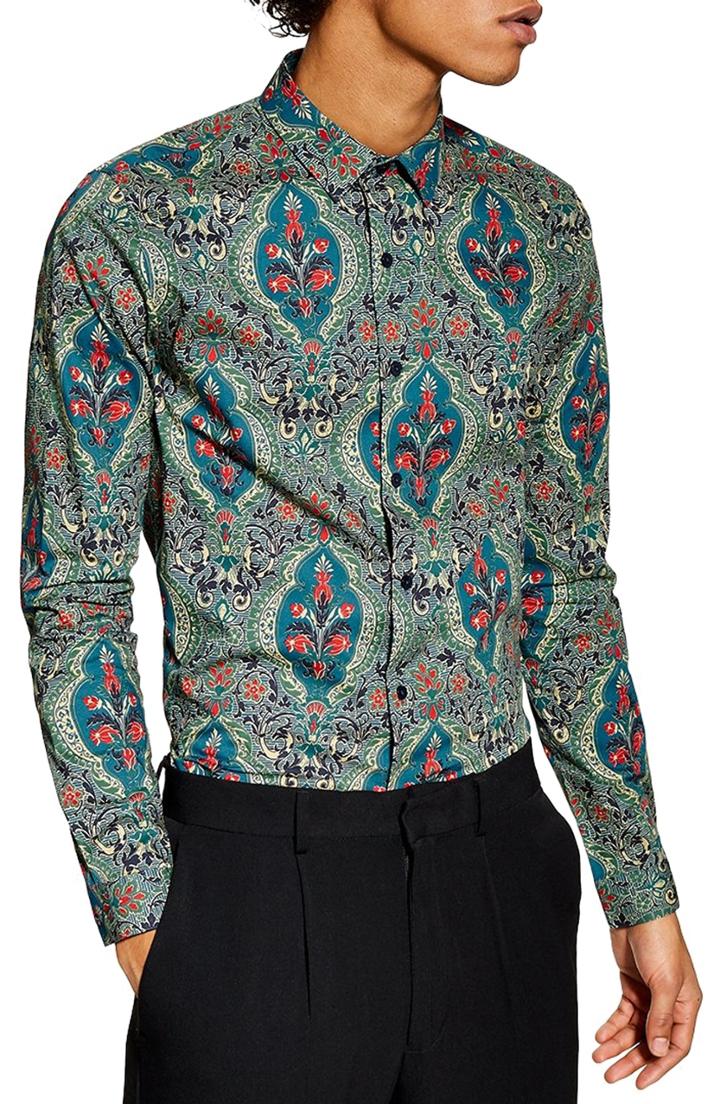 Men's Topman Skinny Fit Stretch Floral Print Shirt - Green