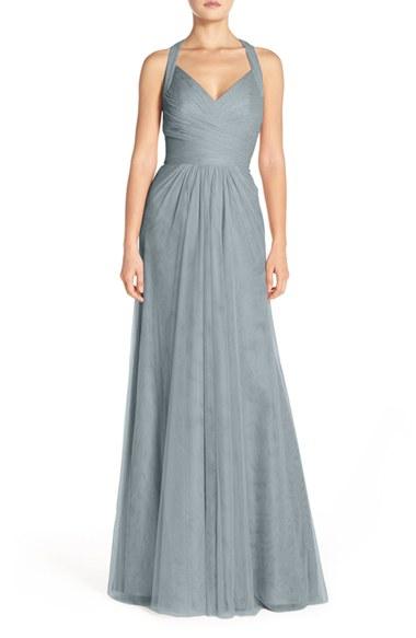 Women's Monique Lhuillier Bridesmaids Sleeveless V-neck Tulle Gown - Blue