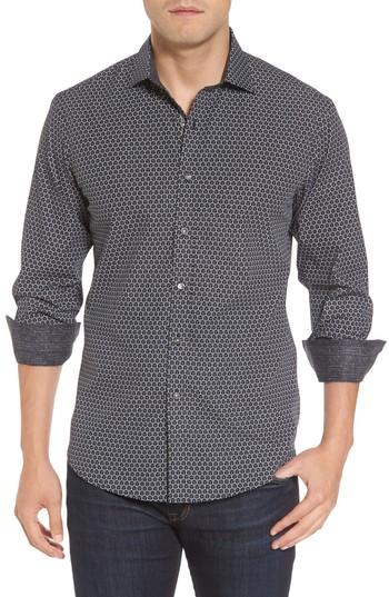 Men's Bugatchi Shaped Fit Geometric Print Sport Shirt, Size - Black