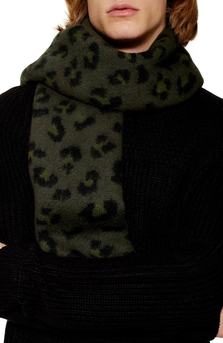 Men's Topman Leopard Print Woven Scarf, Size - Green