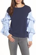 Women's Halogen Poplin Ruffle Sleeve Sweatshirt, Size - Blue