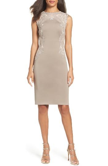 Women's Tadashi Shoji Embroidered Mesh & Neoprene Sheath Dress - Beige