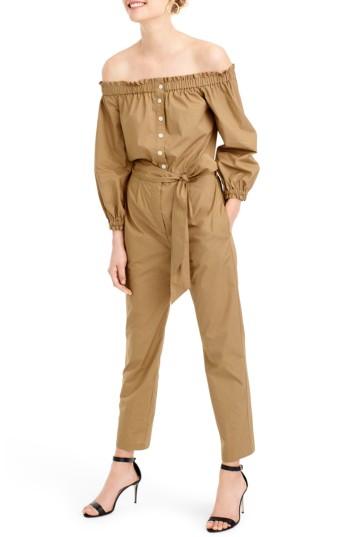 Women's J.crew Off The Shoulder Khaki Jumpsuit