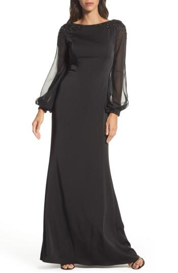 Women's La Femme Beaded Bubble Sleeve Gown - Black