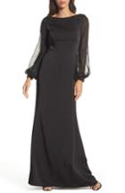Women's La Femme Beaded Bubble Sleeve Gown - Black