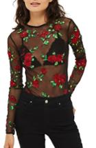 Women's Topshop Floral Embroidered Mesh Bodysuit Us (fits Like 0-2) - Black