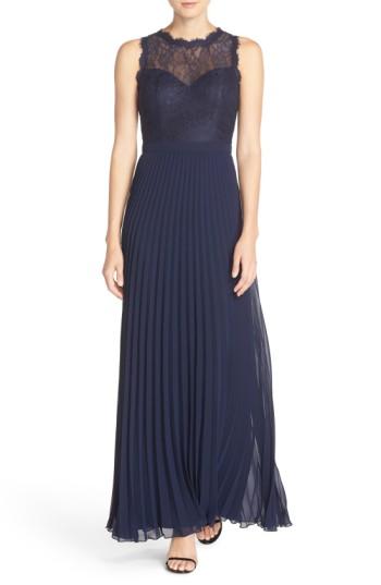 Women's Xscape Lace & Pleat Chiffon Gown - Blue