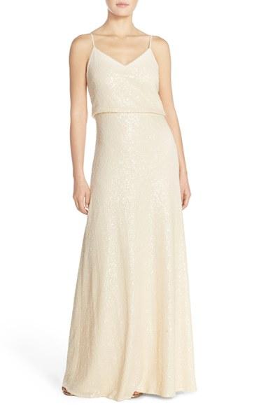 Women's Jenny Yoo 'jules' Sequin Blouson Gown With Detachable Back Cowl - White