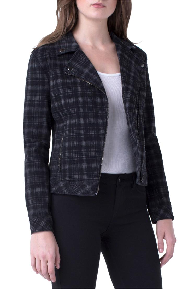 Women's Liverpool Plaid Cotton Blend Moto Jacket - Black