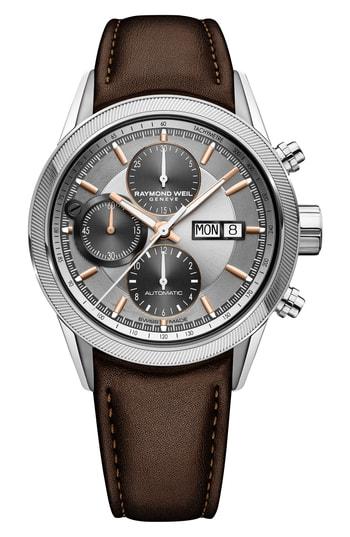 Men's Raymond Weil Freelancer Chronograph Automatic Leather Strap Watch, 42mm