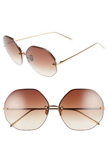 Women's Linda Farrow 63mm Semi Rimless Round Titanium Sunglasses - Yellow Gold/ Brown