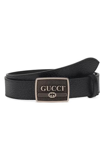 Men's Gucci Plack Logo Leather Belt Eu - Black