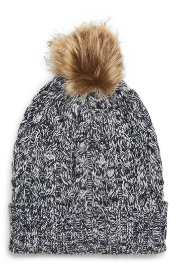 Women's Sole Society Cable Knit Beanie With Faux Fur Pom - Blue