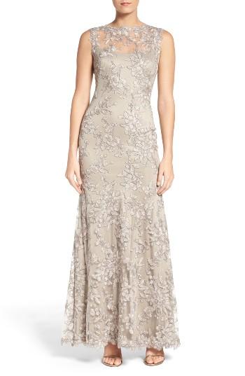 Women's Tadashi Shoji Embroidered Tulle Gown - Grey