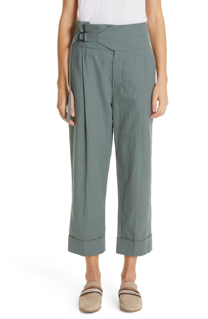 Women's Brunello Cucinelli Belted High Waist Linen & Cotton Pants Us / 38 It - Green
