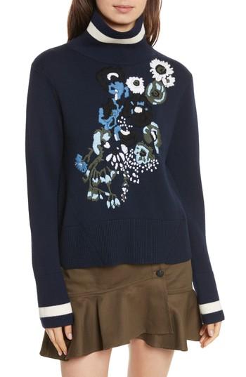 Women's Veronica Beard Pia Floral Turtleneck Sweater - Blue