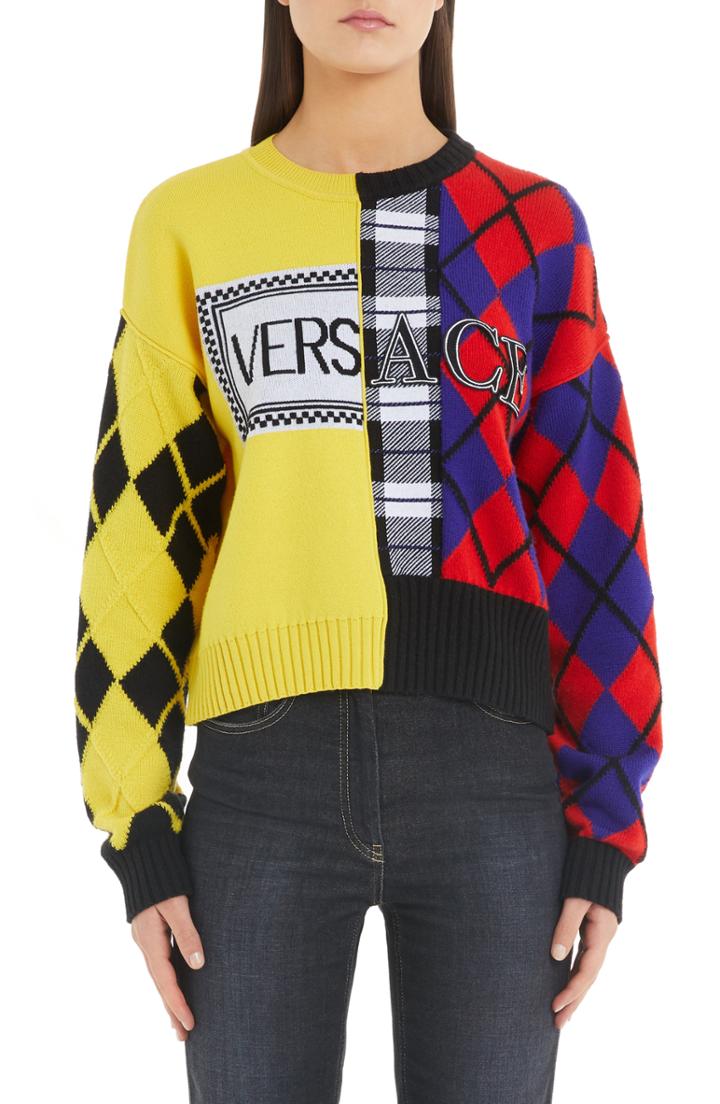 Women's Versace Mixed Print Wool & Cashmere Blend Sweater Us / 42 It - Black