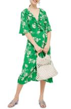 Women's Topshop Leaf Print Ruffle Wrap Dress Us (fits Like 0) - Green