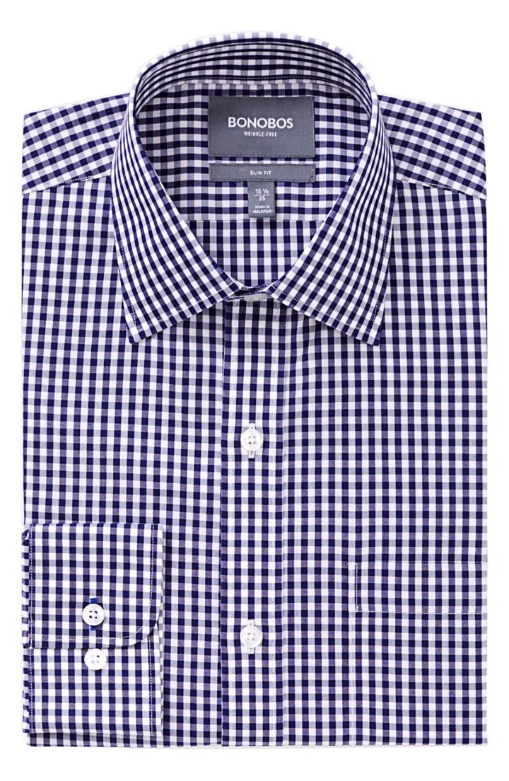 Men's Bonobos Slim Fit Wrinkle Free Check Dress Shirt .5 - 36 - Blue