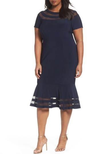 Women's Xscape Shadow Stripe Flounce Hem Midi Dress