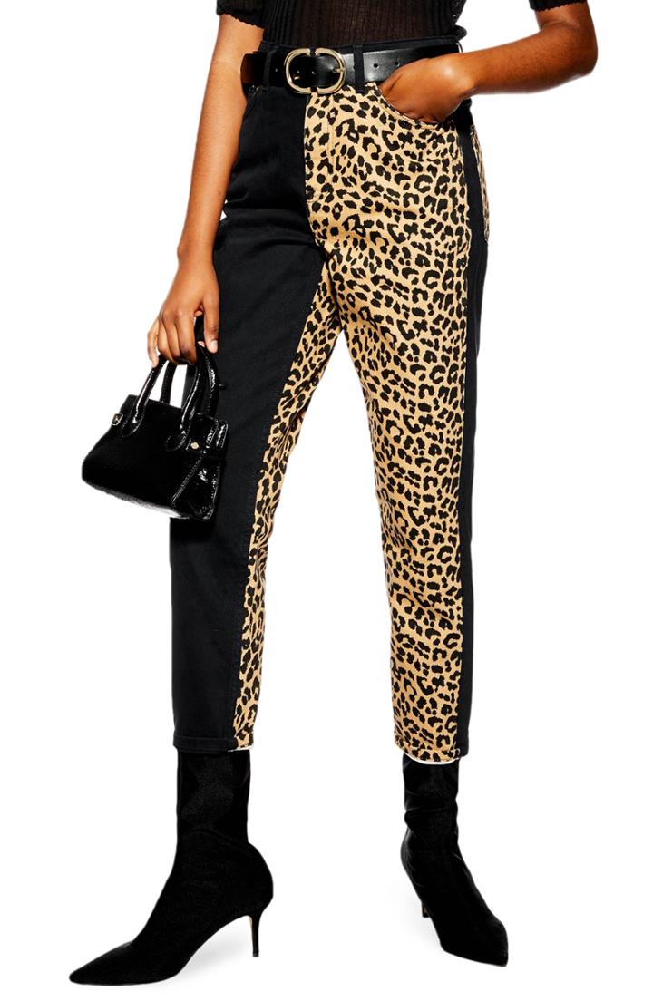 Women's Topshop Leopard Panel Mom Jeans W X 30l (fits Like 24w) - Black