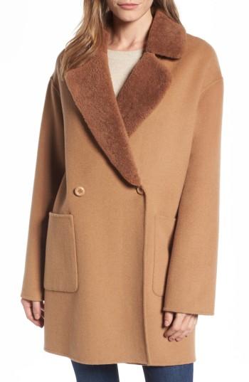 Women's Trina Turk Dawn Genuine Shearling Collar Double Face Coat - Beige