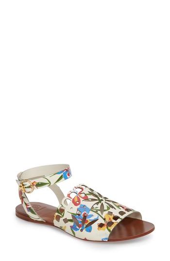 Women's Tory Burch May Printed Floral Ankle Strap Sandal M - White