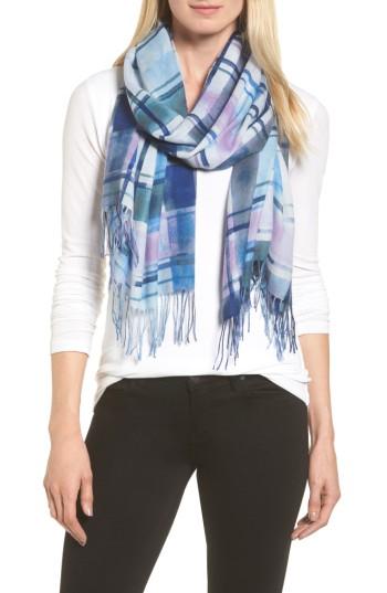 Women's Nordstrom Handicraft Plaid Tissue Weight Wool & Cashmere Scarf, Size - Blue