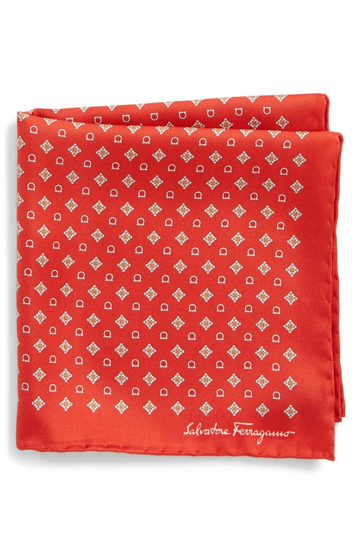 Men's Salvatore Ferragamo Edison Medallion Silk Pocket Square, Size - Red
