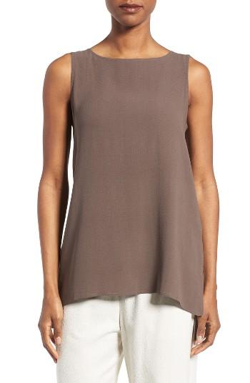 Women's Eileen Fisher Long Bateau Neck Silk Shell, Size - Brown